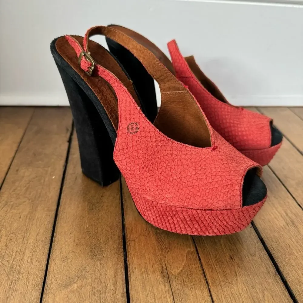 Sixtyseven Red Reptile Suede Peep Toe Platform Block Heels 37 / 6